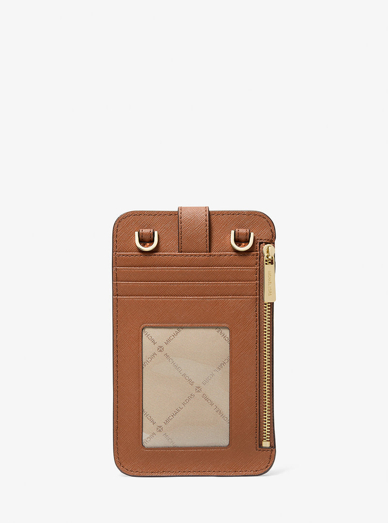 Saffiano Leather Smartphone Crossbody Bag (LUGGAGE)