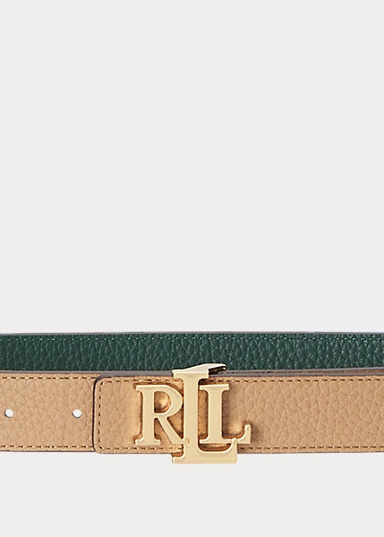 Logo Reversible Pebbled Leather Belt (Camel/Season Green)
