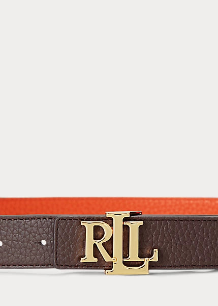 Logo Reversible Pebbled Leather Belt (Chestnut Brown/Orange)